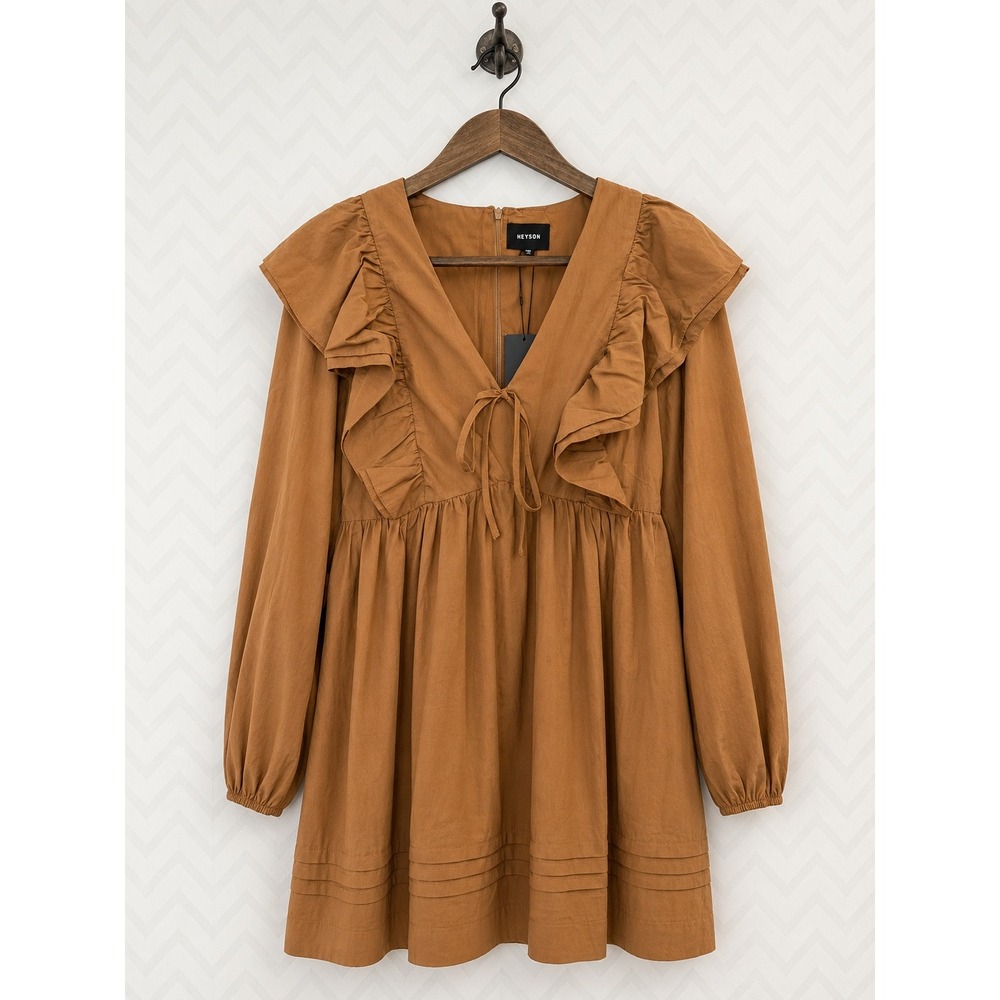 Heyson Ruffle V-Neck Babydoll Mini Dress Tobacco Brown Size L NWT